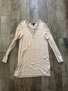 Long Sleeve Lace-Up V-Neck Dress- Beige